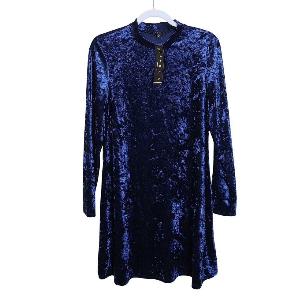 Tiana B Navy Blue Crushed‎ Velvet Mock Neck Shift Dress 10 Dark Glam Capsule NWT